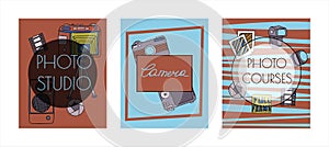 Vector photo cameras sketch banners. Hand drawn style. Different types of cameras in retro and modern style. Doodle