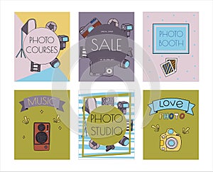 Vector photo cameras sketch banners. Hand drawn style. Different types of cameras in retro and modern style. Doodle