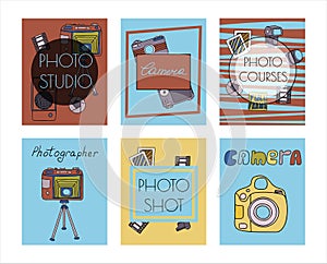 Vector photo cameras sketch banners. Hand drawn style. Different types of cameras in retro and modern style. Doodle
