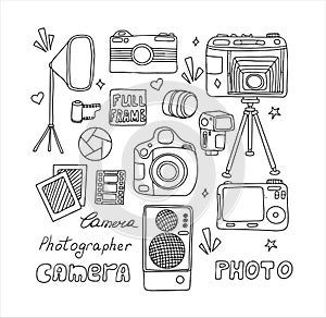 Vector photo cameras sketch set. Hand drawn style. Different types of cameras in retro and modern style. Doodle