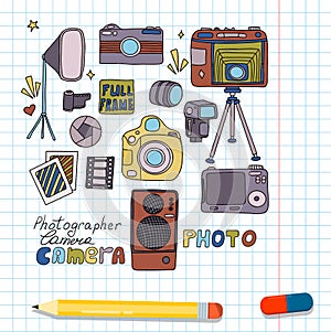 Vector photo cameras sketch set. Hand drawn style. Different types of cameras in retro and modern style. Doodle