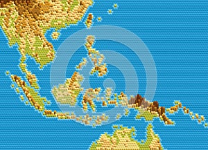 Vector physical map of Southeast Asia stylized using embossed hexagons