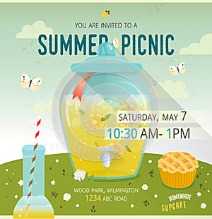 Vector picnic glade card. Food and pastime illustration. Glass dispenser with lemonade. Design of invitation card