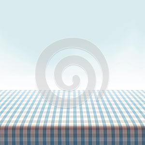 Vector picnic table covered with tablecloth on blue background. - Vector