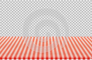 Vector picnic table with red checkered pattern of linen tablecloth isolated on transparent background