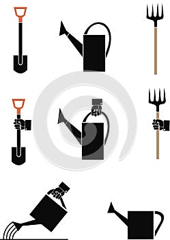 Vector picture garden tool : showel, watering can. fork