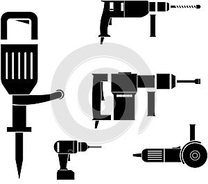 Vector picture power tools- rotary hammer, jackhammer, angle grinder and cordless drill