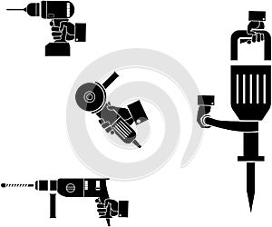 Vector picture power tools- rotary hammer, jackhammer, angle grinder and cordless drill in hand