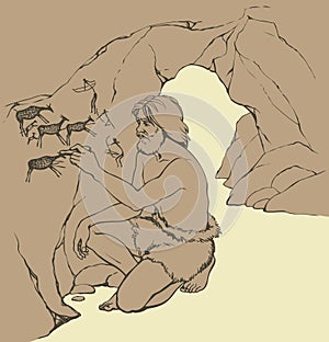 Vector picture. Primitive man draws on stone wall of cave