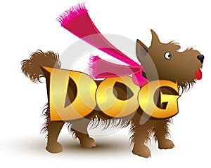 Vector picture, a shaggy, fluffy small brown dog dressed with a scarf