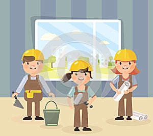 Vector picture in the style of the flat. Repair and a team of repairmen in helmets, they are going to do repairs and construction photo