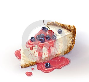 Vector piece of cheesecake cake with airy and tender, delicate creamy-curd cheese. Crisp and crumbly cake with back