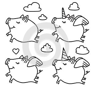 Vector pig cartoons, black silhouettes. photo