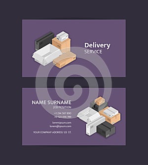 Vector pile of isometric boxes business card template. Black, white, beige mail shipping box templates for logistics or