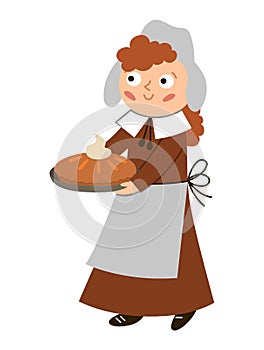 Vector pilgrim woman with pumpkin pie isolated on white background. Thanksgiving Day character. Autumn icon with first American