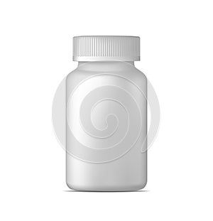 Vector pill bottle. White plastic medicine container for drugs. Sport, health and nutritional supplements. Mock up