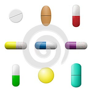 Vector pills and capsules set. Pharmacy drugs icons. Medicament symbols isolated on a white background.