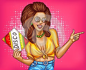 Vector pin up disco woman in fashion glasses with lush hairdo, holding audio disk. Pop art dancer concept illustration