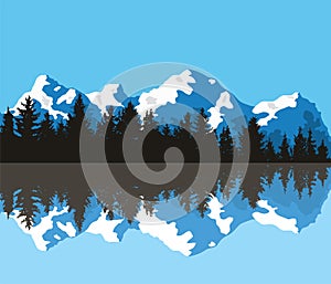 Vector pine forest and mountains