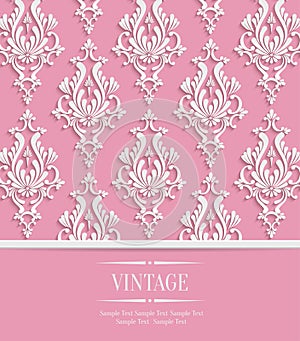 Vector Pink 3d Vintage Background for Greeting or Invitation Card with Damask Floral Pattern