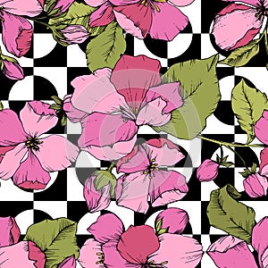 Vector Pink Apple blossom floral botanical flower. Engraved ink art. Seamless background pattern.