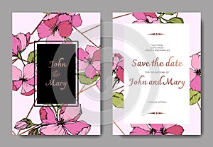 Vector Pink Apple blossom floral botanical flower. Engraved ink art. Wedding background card floral decorative border.