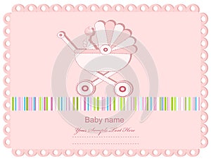 Vector pink baby greeting card with a sidecar