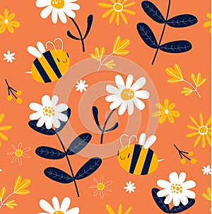 Vector pink background with cartoon bees and daisies. Floral pattern. Fabric, paper, wallpaper.