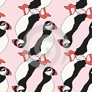 Vector pink background ocean seabird, arctic birds, puffins. Seamless pattern background