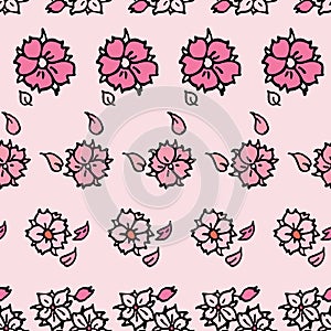 Vector pink background white pink cherry tree flowers and cherry blossom sakura flowers. Seamless pattern background