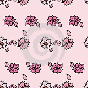 Vector pink background white pink cherry tree flowers and cherry blossom sakura flowers. Seamless pattern background