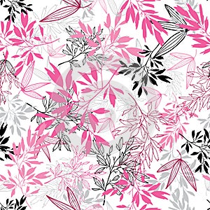 Vector pink black tropical leaves summer seamless pattern with tropical magenta plants and leaves on white background