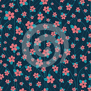 Vector pink blue flowers ditsy seamless pattern