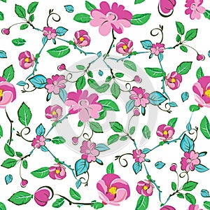 Vector Pink Blue Green Flowers Leaves Seamless