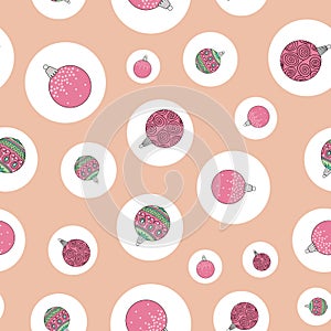 Vector pink christmas ornaments in bobbles seamless pattern print background.