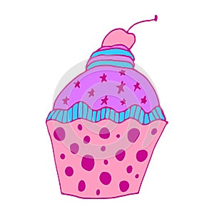 Vector pink cupcake illustration with cherry. Hand drawing food doodle on white background. Line art for bakery logo, wedding