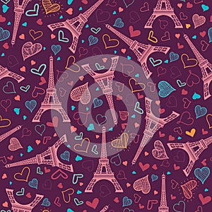 Vector Pink Eifel Tower Paris Seamless Repeat Pattern Surrounded By St Valentines Day Hearts Of Love. Perfect for travel