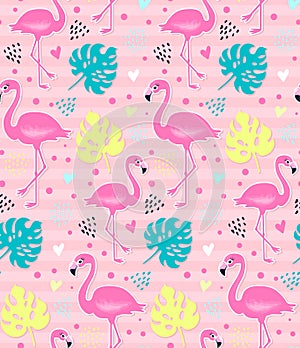 Vector pink flamingo, monstera seamless pattern. Summer tropical background