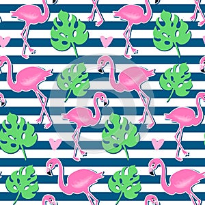 Vector pink flamingo, monstera seamless pattern. Summer tropical background