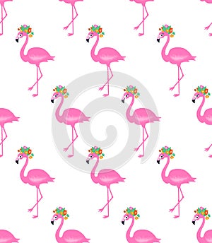 Vector pink flamingo seamless pattern. Summer tropical background.