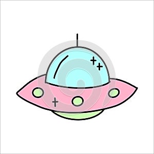 Vector Pink flying saucer in flat style. Ufo sticker in children's style.