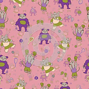 Vector pink fun, energetic sporty anthromorphic cartoon characters seamless pattern background