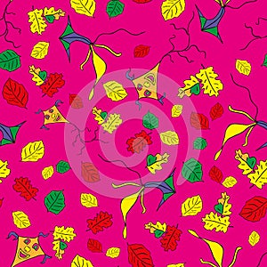 Vector Pink funny Autumn background pattern with kite and leaves