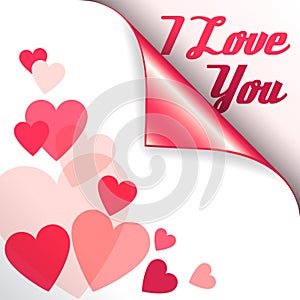 Vector pink heart with curled corner and text I Love You