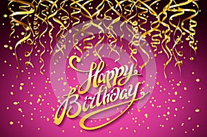 Vector pink party background. Happy Birthday Celebration Design, Vector gold confetti Elements, Greeting Card Template purple Colo