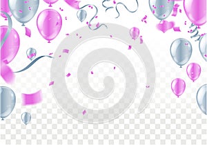 Vector Pink party balloons illustration. Confetti and ribbons flag ribbons, Celebration background template