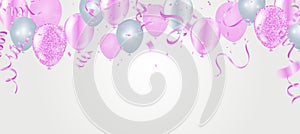 Vector Pink party balloons illustration. Confetti and ribbons flag ribbons, Celebration background template