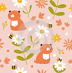 Vector pink pattern with teddy bear, bees and flowers. Fabric, paper, wallpaper.