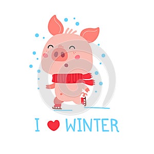 Vector Pink Piggy in winter clothes skiing. Cartoon illustration for cards