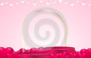 Vector pink podium with a golden arch, garlands, hearts, pink background.